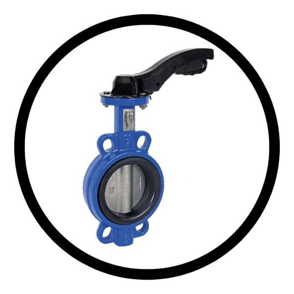 A butterfly valve positioned against a clean white background, showcasing it’s design and colour contrast.