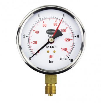 100mm Dial Pressure Gauge 0 - 10 ba and psi Bottom Entry - 34/655/0