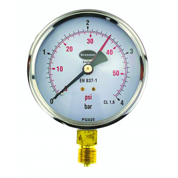 100mm Dial Pressure Gauge 0 - 4 bar and psi Bottom Entry - 34/653/0