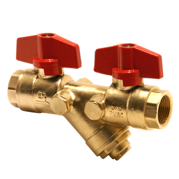 20mm PB560 DZR Brass Double Ball Valve and Strainer Red T-Handle PN20 FxF